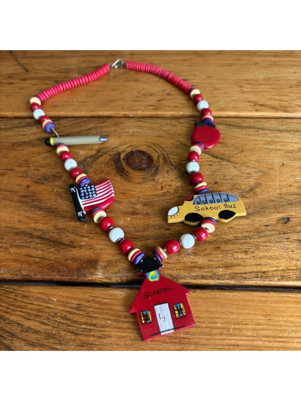 Wooden Wood Bright Colors Painted Teacher School Themed Necklace Teachercore